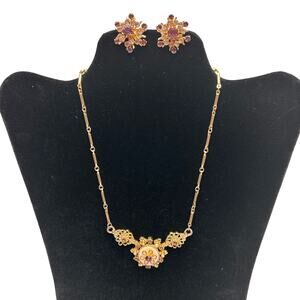 Coro Necklace and Coro Earrings Vintage Gold Tone Purple Stones Screwback 16 in